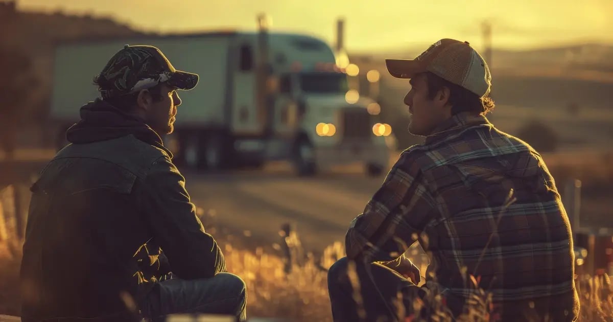 Two truck drivers sitting on a hill talking with their truck in the background